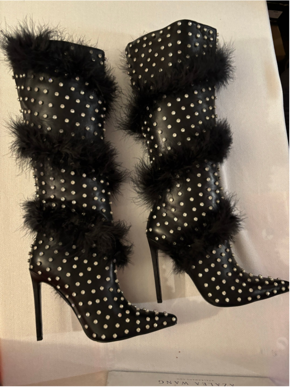 Women's Azalea Wang Black Rhinestone Fur Heeled Boots Size 8.5 - Picture 3 of 4